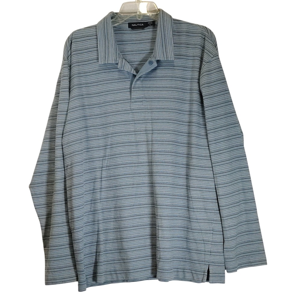 Nautica Mens Long Sleeve Striped Polo Shirt Blue Gray Snap Placket Size L